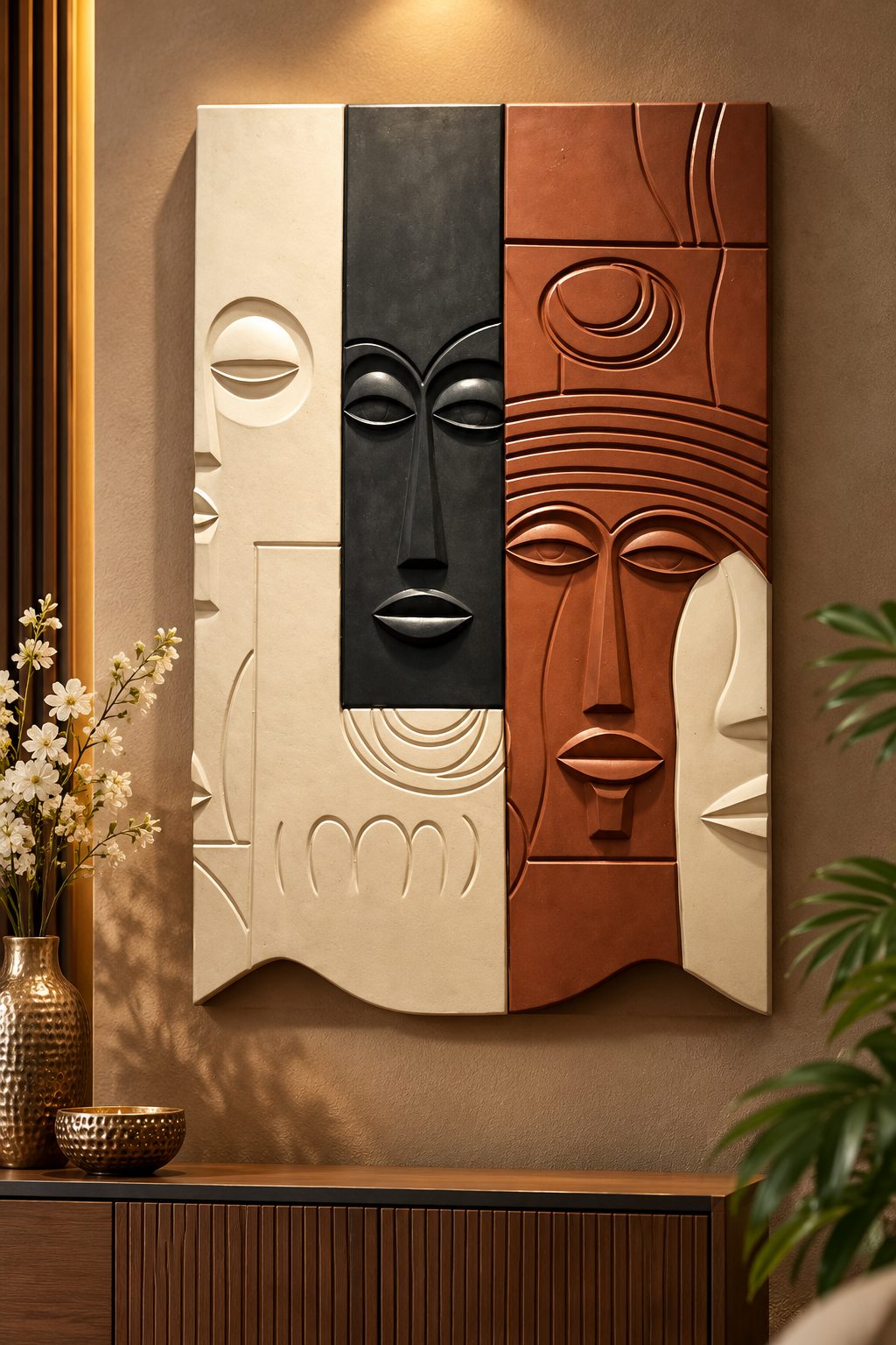 Wooden wall art sculpture featuring a warm-toned, sculpted face relief from Essence of Faces by The Gharnish.