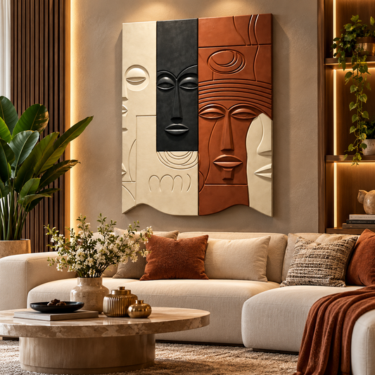 Elegant wooden wall art sculpture by The Gharnish, featuring warm tones and sculptural design for stylish living room decor.