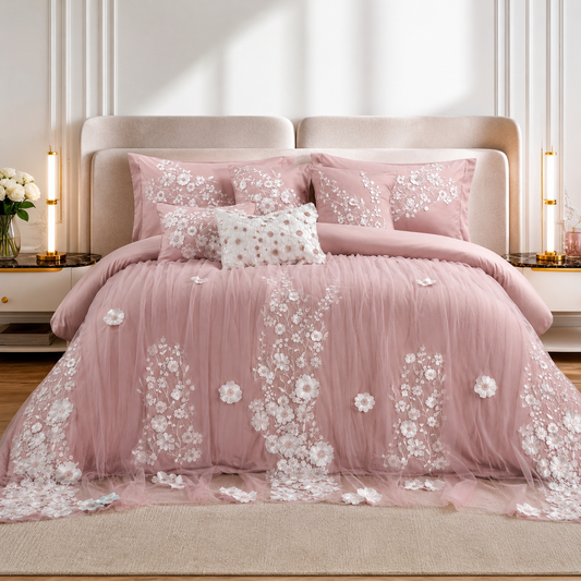Luxurious blush blossom wedding bedding set by The Gharnish, featuring elegant floral design and plush fabric for romantic bedroom decor.