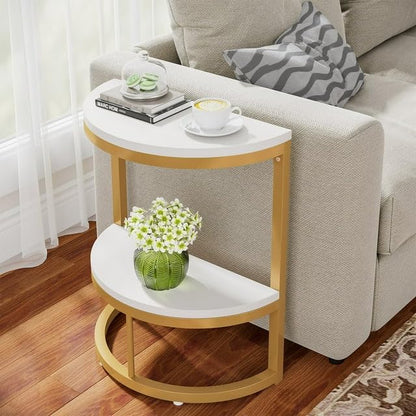 Half Round Side Table with Storage Shelf/Space Saving Narrow Accent 2-Tier Sofa Couch Table for Living Room, Bedroom - The Gharnish - A Unit of Satkala Creations