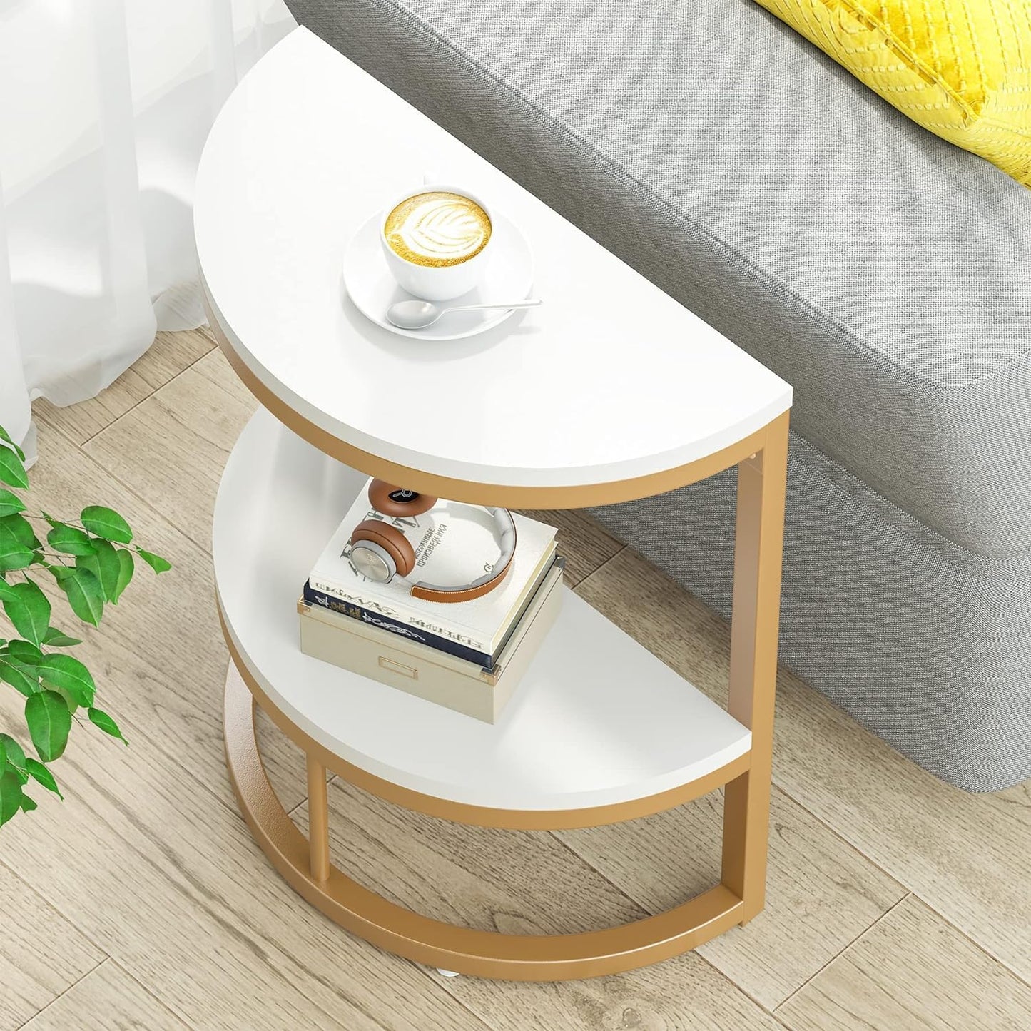 Half Round Side Table with Storage Shelf/Space Saving Narrow Accent 2-Tier Sofa Couch Table for Living Room, Bedroom - The Gharnish - A Unit of Satkala Creations