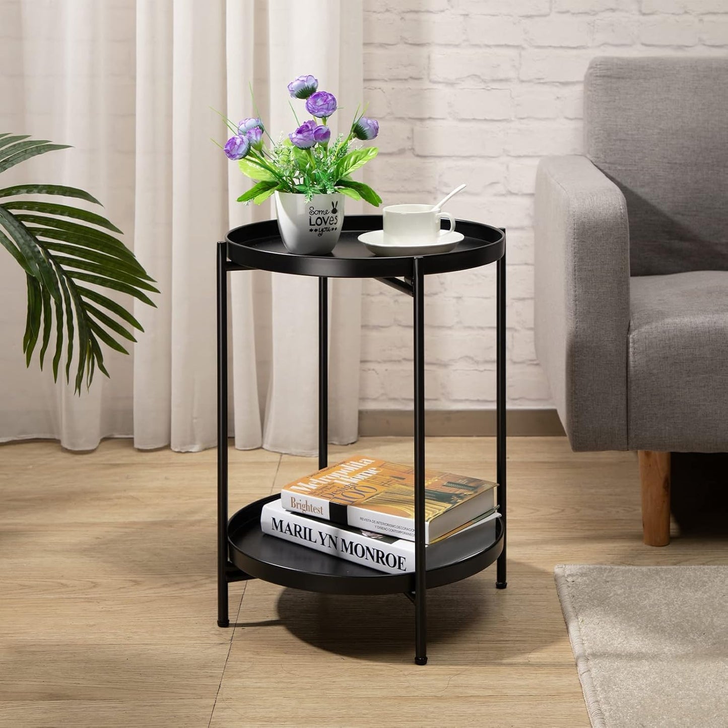 Metal End Table Round Side Table with 2-Tier Removable Tray Folding Accent Table