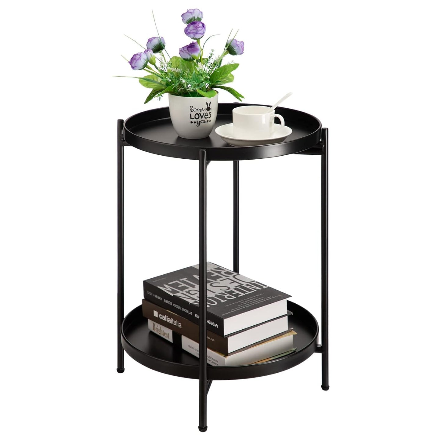 Metal End Table Round Side Table with 2-Tier Removable Tray Folding Accent Table