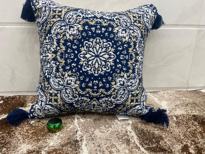Pure Cotton Blue Hanblocked Cushion Cover with Tussels - The Gharnish - A Unit of Satkala Creations