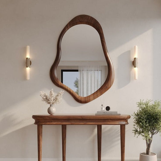Farmhouse Wood Framed Mirror, Wavy Asymmetric Wood Mirror, Irregular Bathroom Mirror - The Gharnish - A Unit of Satkala Creations