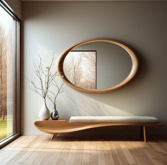 Premium Wooden Oval Mid Century Wall Mirror, Farmhouse Mirror, Oak Mirror - The Gharnish - A Unit of Satkala Creations