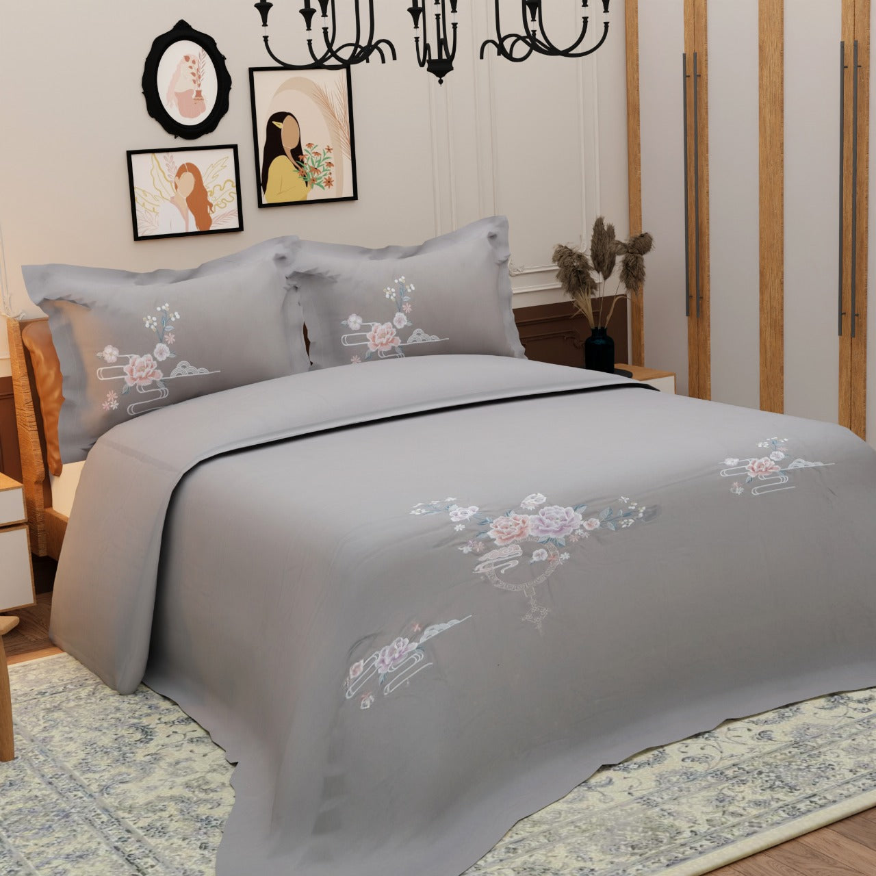 King Size Glace Cotton Premium Quality Embroidered Designer Bedding Set of 3 - The Gharnish - A Unit of Satkala Creations