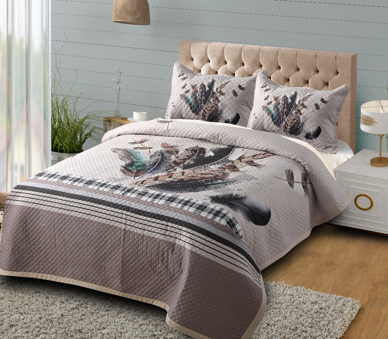 Imported Heavy Glace Cotton Quilted Digital Printed Panel Bedcover - The Gharnish - A Unit of Satkala Creations