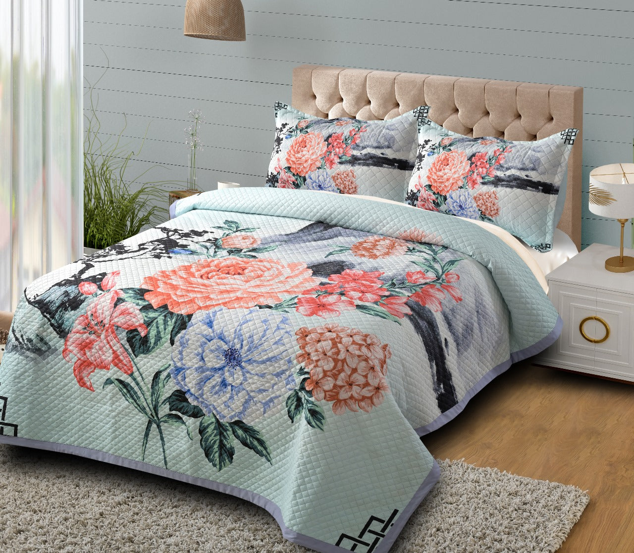 Imported Heavy Glace Cotton Quilted Digital Printed Panel Bedcover - The Gharnish - A Unit of Satkala Creations
