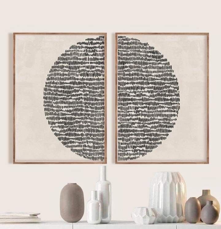 Minimalist Black & White Abstract Circle Wall Art – Set of 2 | Modern Geometric Canvas with Wooden Frame - The Gharnish - A Unit of Satkala Creations