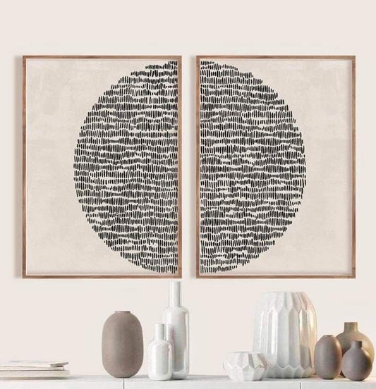 Minimalist Black & White Abstract Circle Wall Art – Set of 2 | Modern Geometric Canvas with Wooden Frame - The Gharnish - A Unit of Satkala Creations