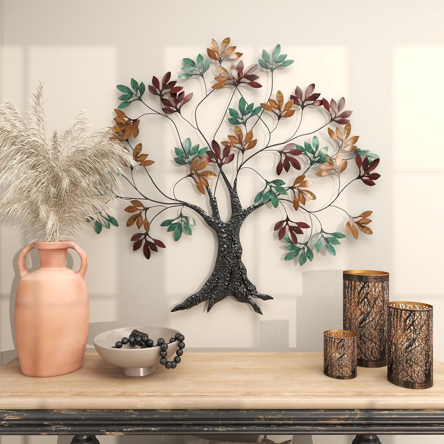 Handcrafted metal wall art titled "Tree of Harmony" featuring intricate branches and leaves, designed by The Gharnish.