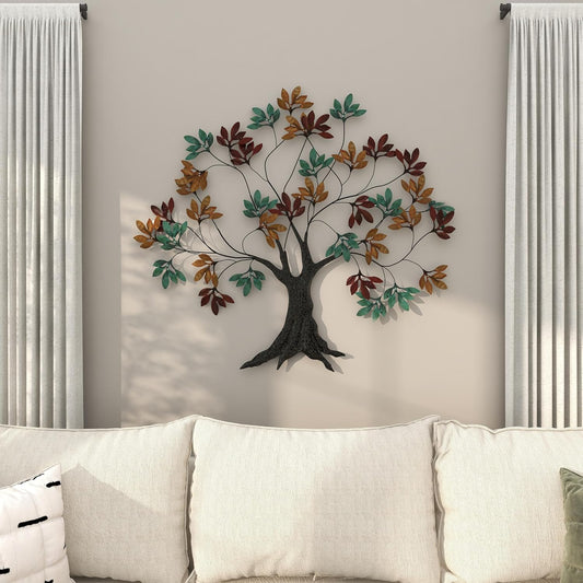 Handcrafted metal wall art featuring a colorful tree design from The Gharnish, suitable for home or office decor.