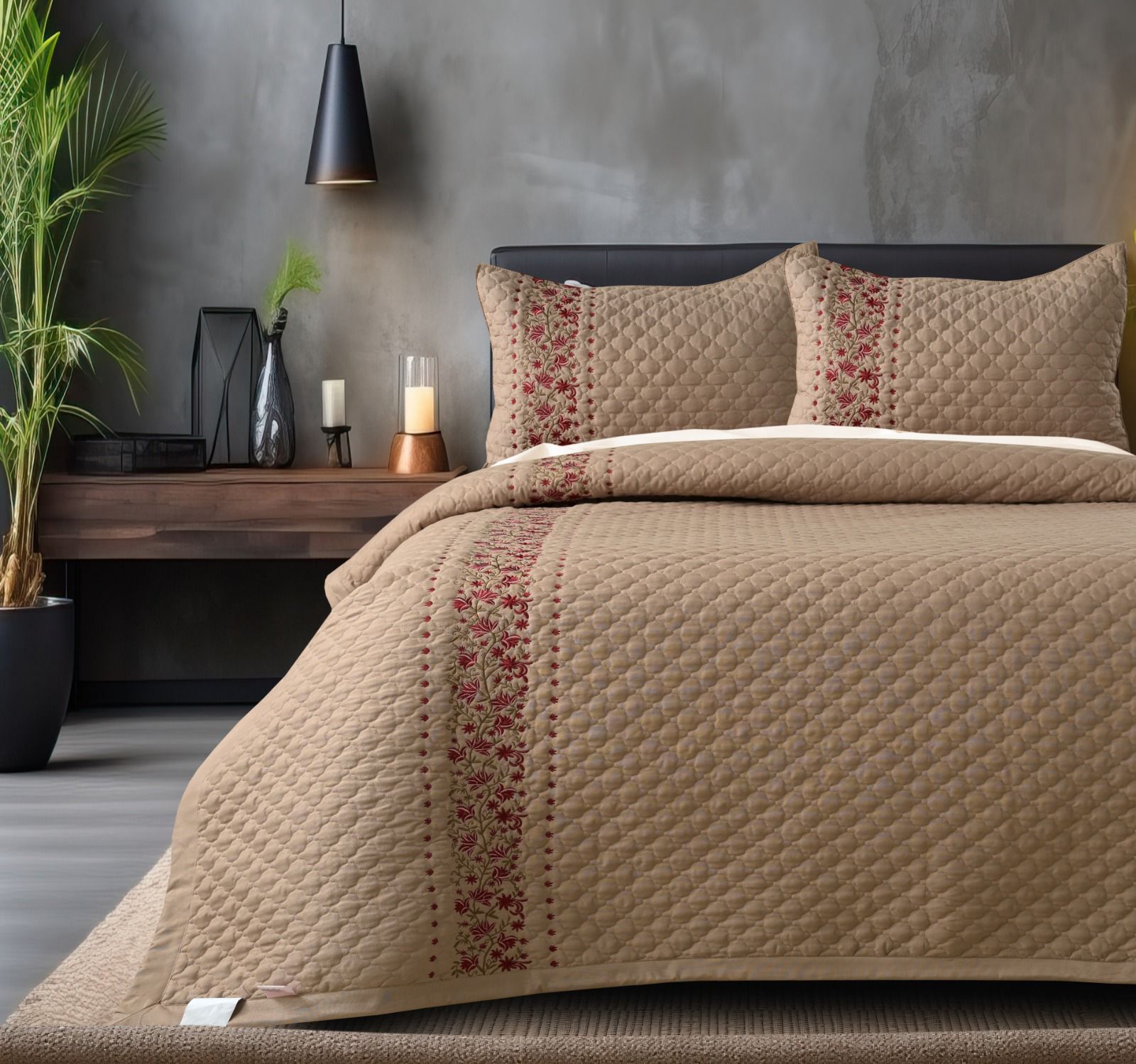 Blush Blossom quilted bedding set by The Gharnish featuring a floral pattern on a soft, pastel-colored bedcover.
