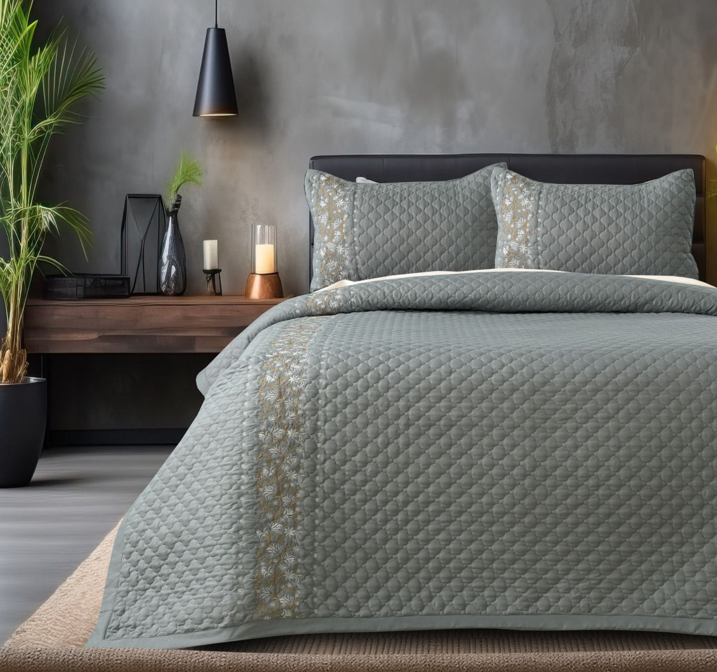 Blush Blossom quilted bedcover set from The Gharnish, featuring a soft floral pattern on comfortable, decorative bedding.