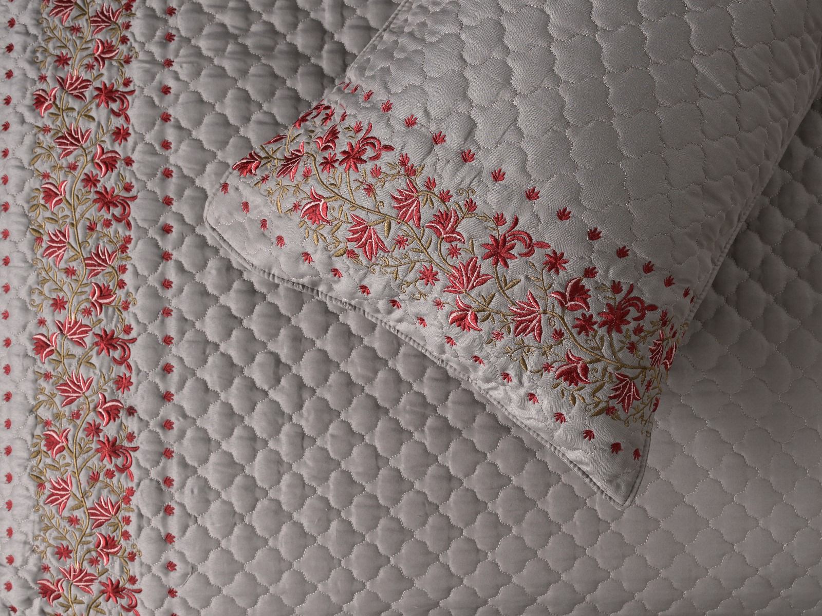 Blush Blossom quilted bedcover set from The Gharnish, featuring a soft pink floral design on a cozy bedding set.