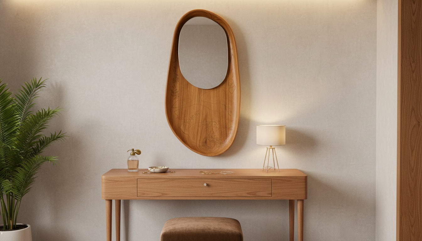 Pebble Aura Asymmetrical Wooden Wall Mirror - The Gharnish - A Unit of Satkala Creations