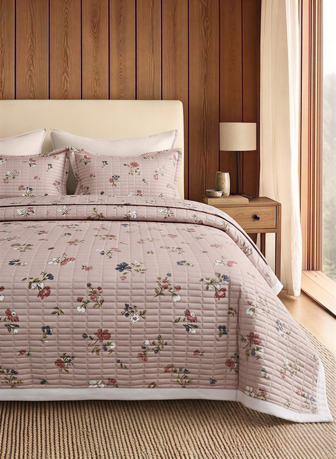 Luxury soft floral quilted bedcover with matching pillow covers from The Gharnish, showcasing intricate floral embroidery and plush fabric.