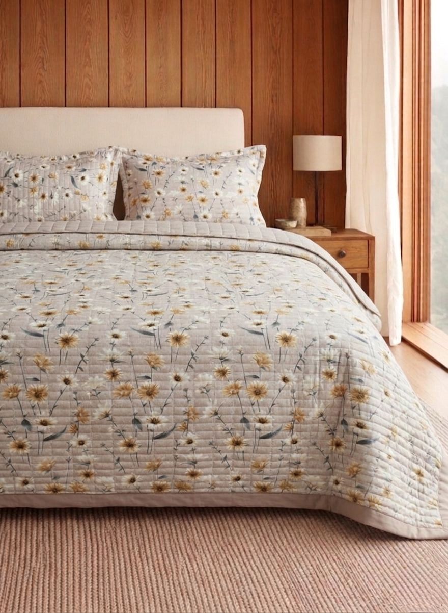 Luxury soft floral quilted bedcover with matching pillow covers from The Gharnish, featuring intricate floral embroidery and plush fabric.