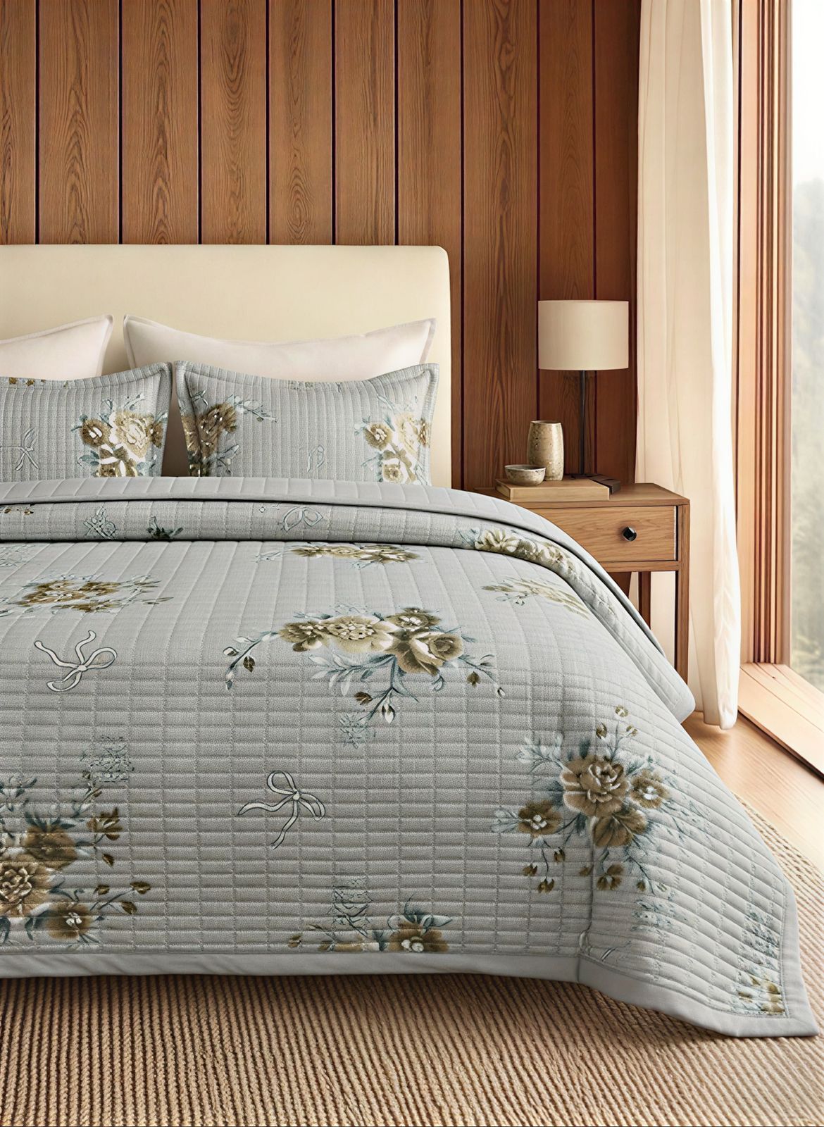 Luxurious soft floral quilted bedding set with matching pillow covers by The Gharnish, featuring elegant floral patterns and plush texture.