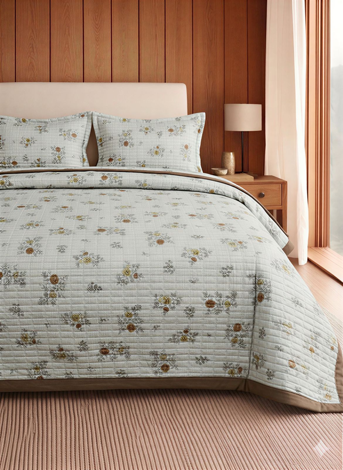 Luxury soft floral quilted bedcover with matching pillow covers from The Gharnish, featuring intricate floral patterns and plush fabric.