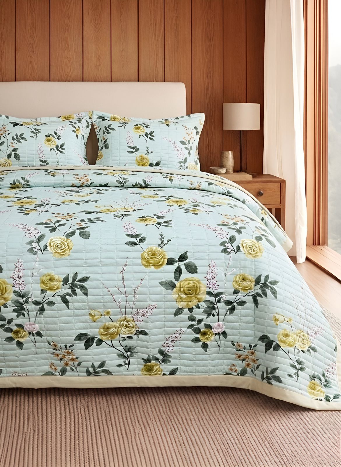 Luxury soft floral quilted bedcover with matching pillow covers by The Gharnish, featuring intricate floral embroidery and plush fabric.