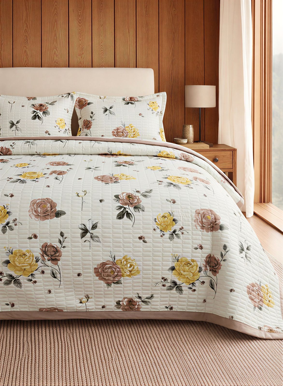 Luxury soft floral quilted bedding set with matching pillow covers by The Gharnish, featuring intricate floral patterns and plush texture.