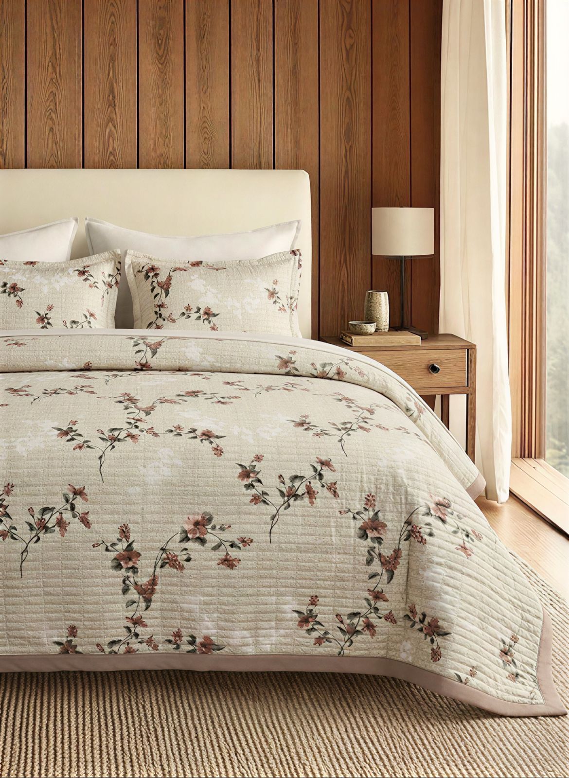 Luxury soft floral quilted bedcover with matching pillow covers by The Gharnish, featuring intricate floral embroidery on bedding fabric.