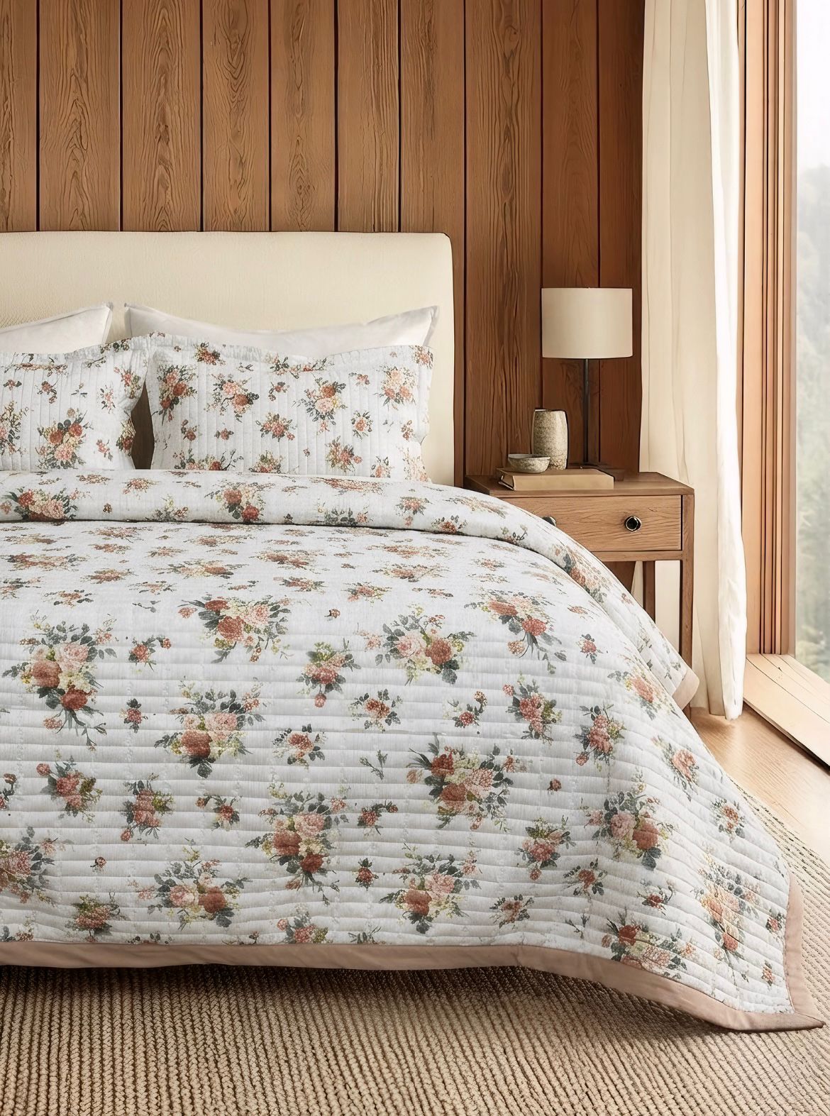 Luxury soft floral quilted bedcover with matching pillow covers by The Gharnish, featuring intricate floral patterns and plush fabric.