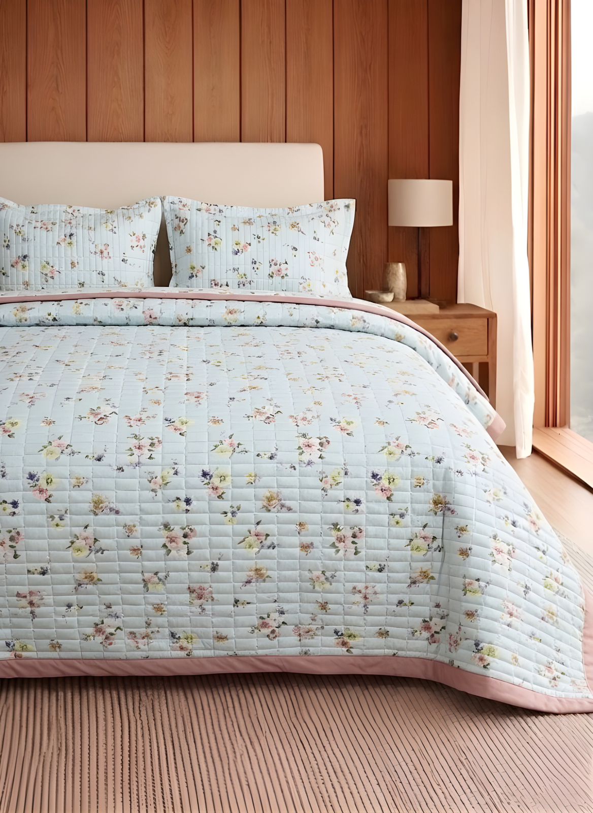 Luxury soft floral quilted bedding set by The Gharnish with matching pillow covers, featuring intricate floral patterns and plush fabric.