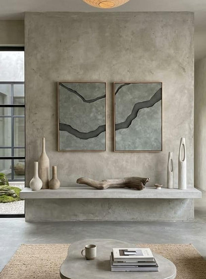 Set of two wooden wall art pieces featuring abstract textured stone flow designs for modern interior decor.