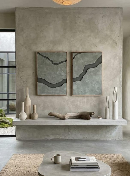 Set of two wooden wall art pieces featuring abstract textured stone flow designs for modern interior decor.