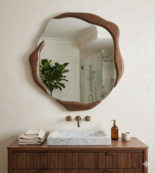 Premium teak wood wall mirror for living room, curved design by TheGharnish, showcasing a sleek wooden frame and reflective surface.
