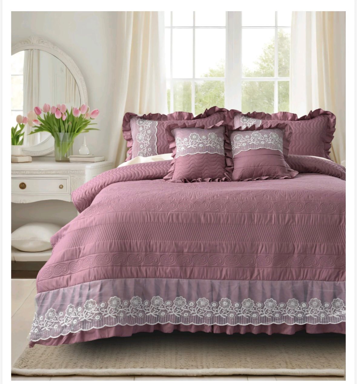 Zannat 5 Pcs  Luxury Quilted Bedcover with lace and frill