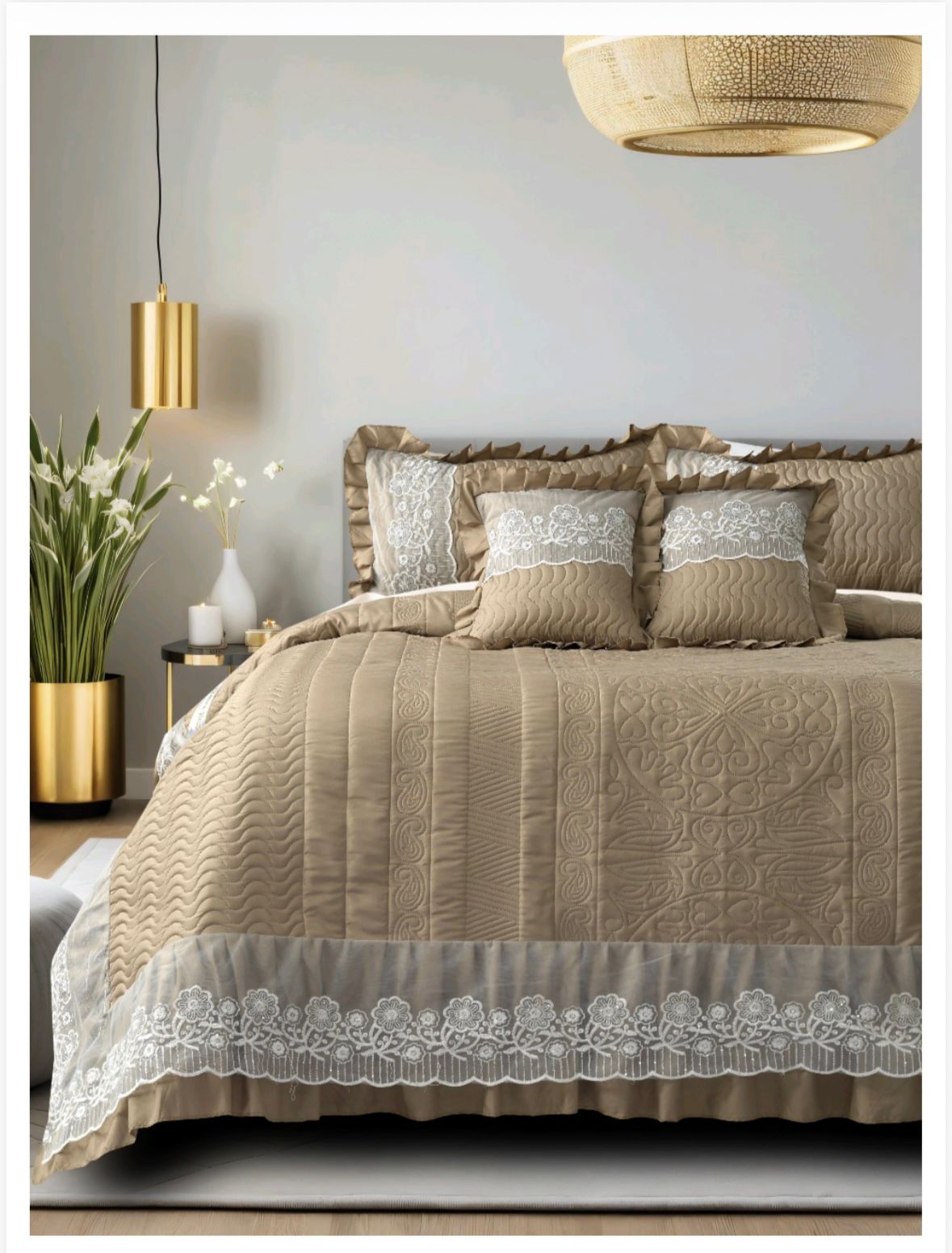 Zannat 5 Pcs  Luxury Quilted Bedcover with lace and frill