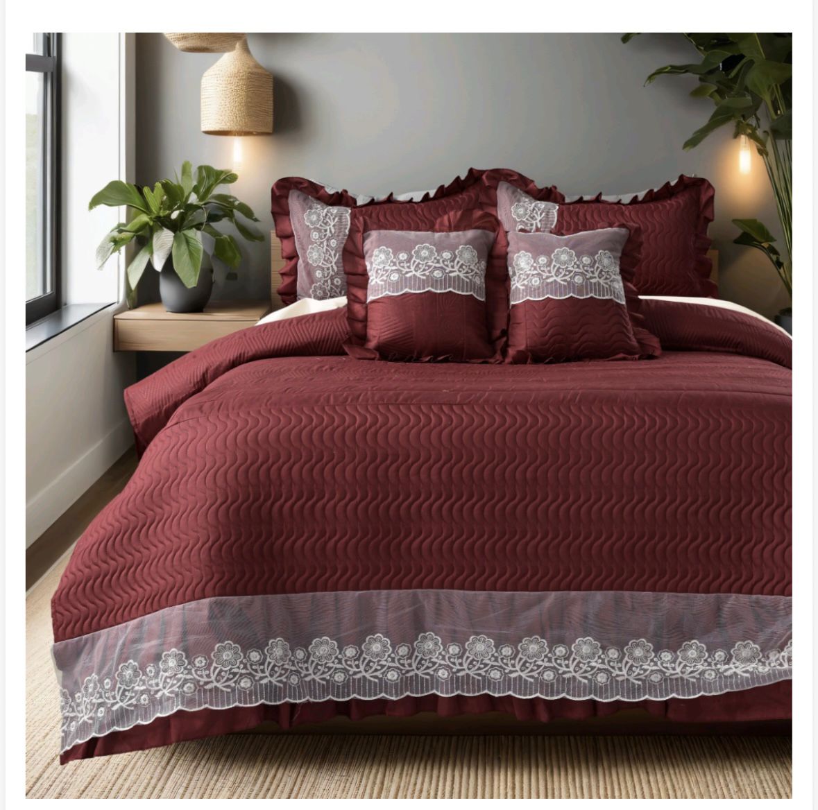 Zannat 5 Pcs  Luxury Quilted Bedcover with lace and frill