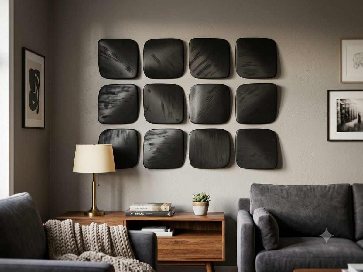 Wooden wall art featuring a sculpted 3D charcoal essence design by The Gharnish, showcasing intricate carved details on a wooden panel.