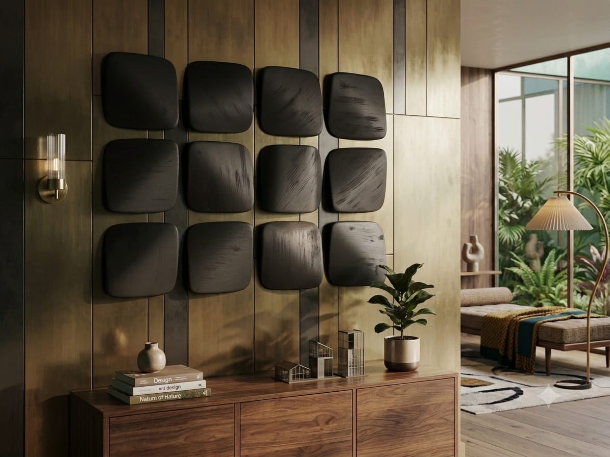 Wooden wall art featuring a sculpted 3D charcoal essence design by The Gharnish for modern interior decor.