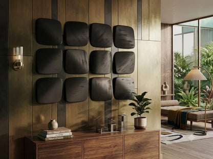 Wooden wall art featuring a sculpted 3D charcoal essence design by The Gharnish for modern interior decor.