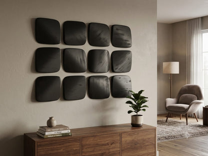 Charcoal Essence Sculpted 3D wooden wall art by The Gharnish featuring intricate textured designs on a natural wood surface.