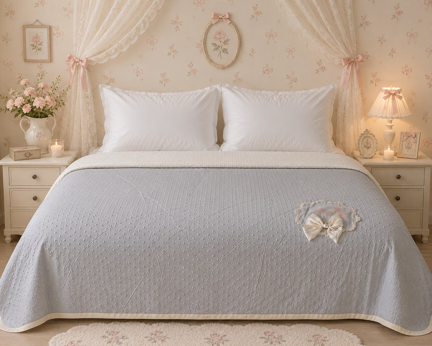 A double bed bedding set with Aurelia Luxe Dots & Bows AC comforter by The Gharnish, featuring a stylish dotted and bow design.