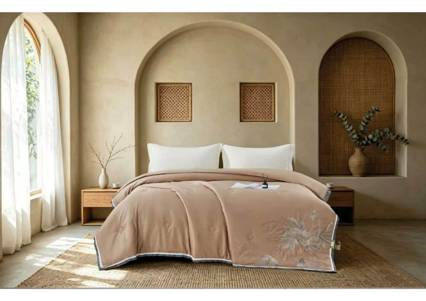 The Gharnish Cabbana Royale premium embroidered comforter made of 100% fine cotton with intricate embroidery details.