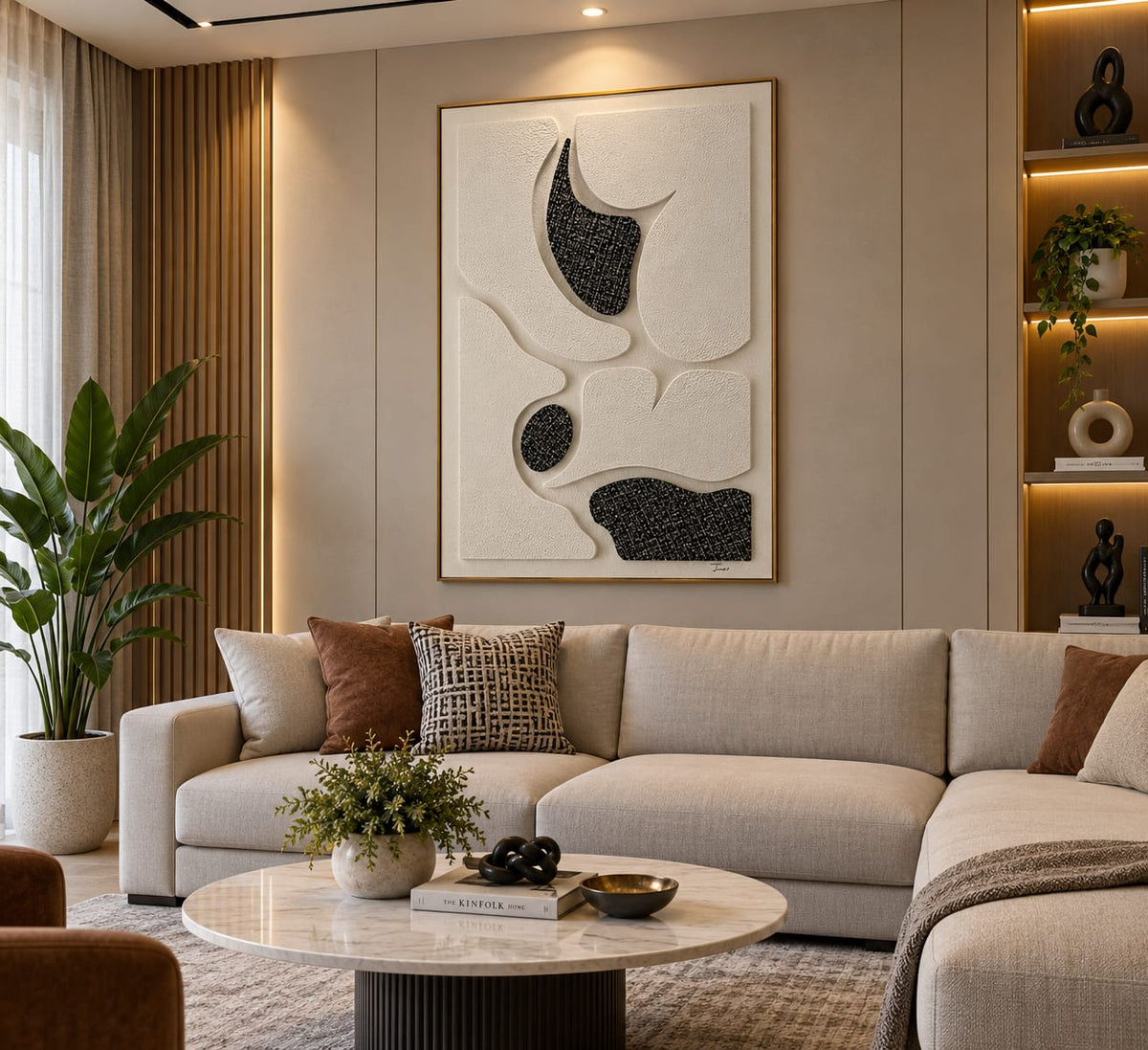 Luxury Textured Abstract Wall Art | 3D Black & Ivory Modern Wall Decor