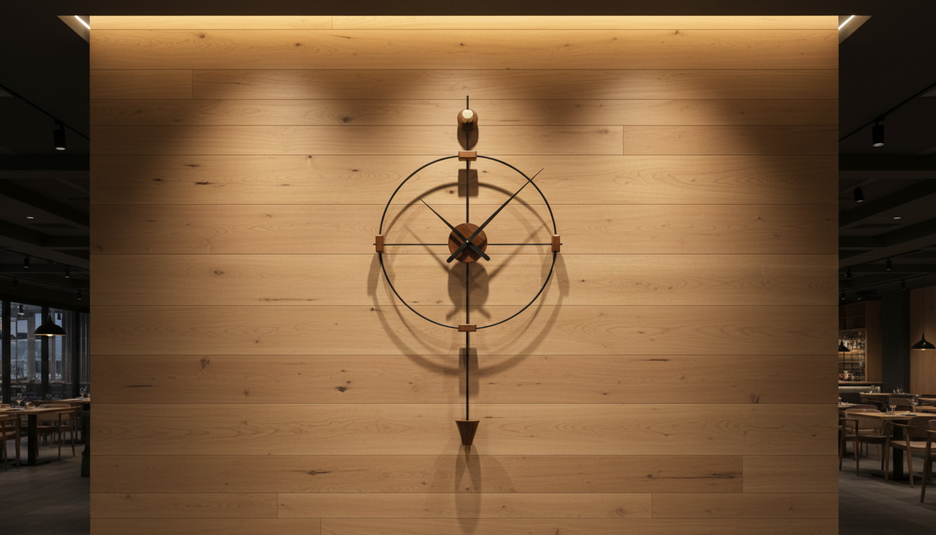 Modern large wooden wall clock by The Gharnish, decorative metal accents, suitable for living room decor.