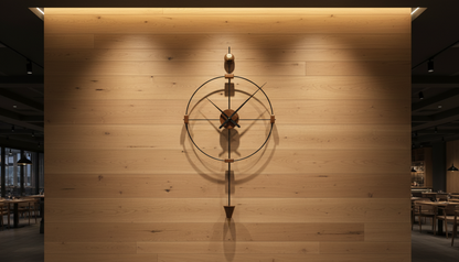 Modern large wooden wall clock by The Gharnish, decorative metal accents, suitable for living room decor.