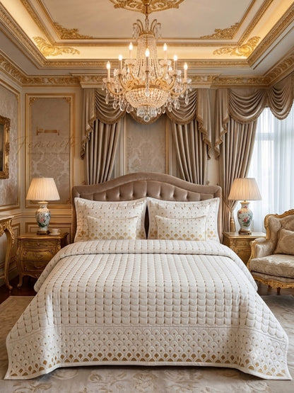 A luxurious bedroom featuring a bed dressed in a cream quilted coverlet with gold geometric patterns, matching pillows, and a tufted headboard. The room is decorated with ornate gold molding, a large crystal chandelier, draped curtains, and matching bedside tables and lamps.