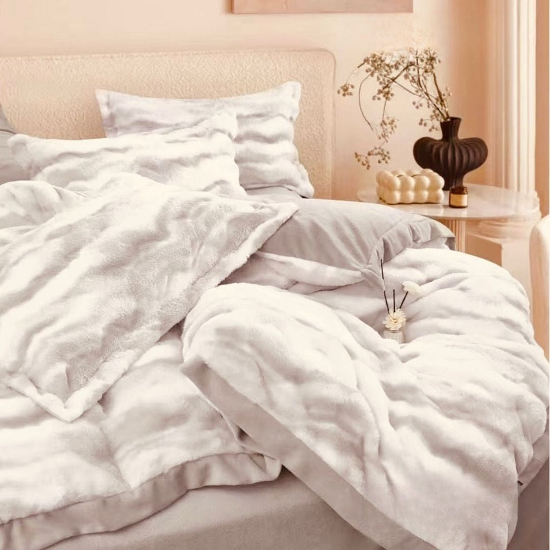 White rabbit fur ultra warm double winter quilt by The Gharnish, soft and plush winter bedding for cold nights.
