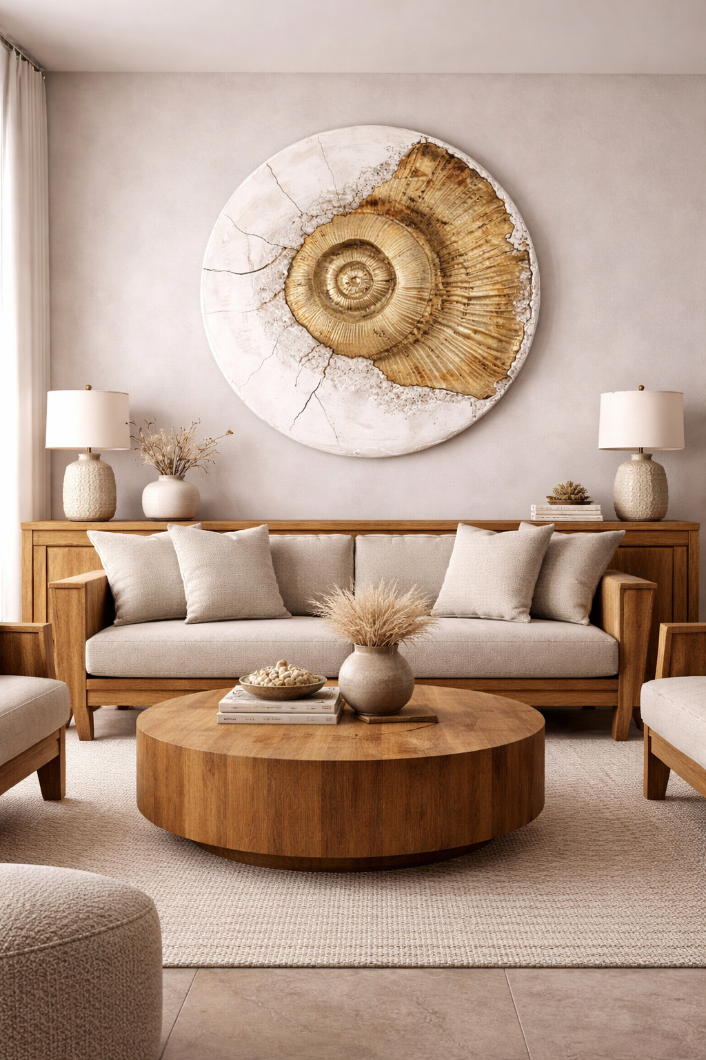 Modern living room with wooden coffee table, sofa, and decorative wall art.