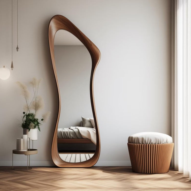 Asymmetrical mirrors not only add a modern touch to the living room, bedroom, dining room, hallway, kitchen and bathroom walls of your home, but also tell a story from nature. Each asymmetrical mirror has a unique design that reflects the unique texture and character of natural wood.