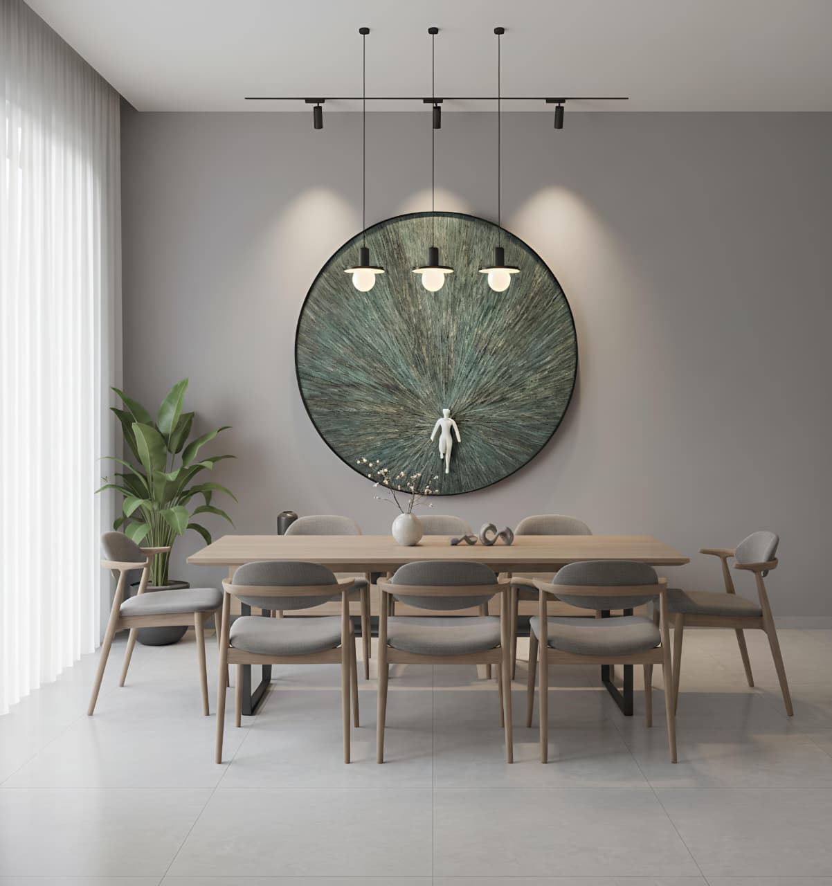 Modern dining room with a large round mirror on the wall, wooden table, and chairs.